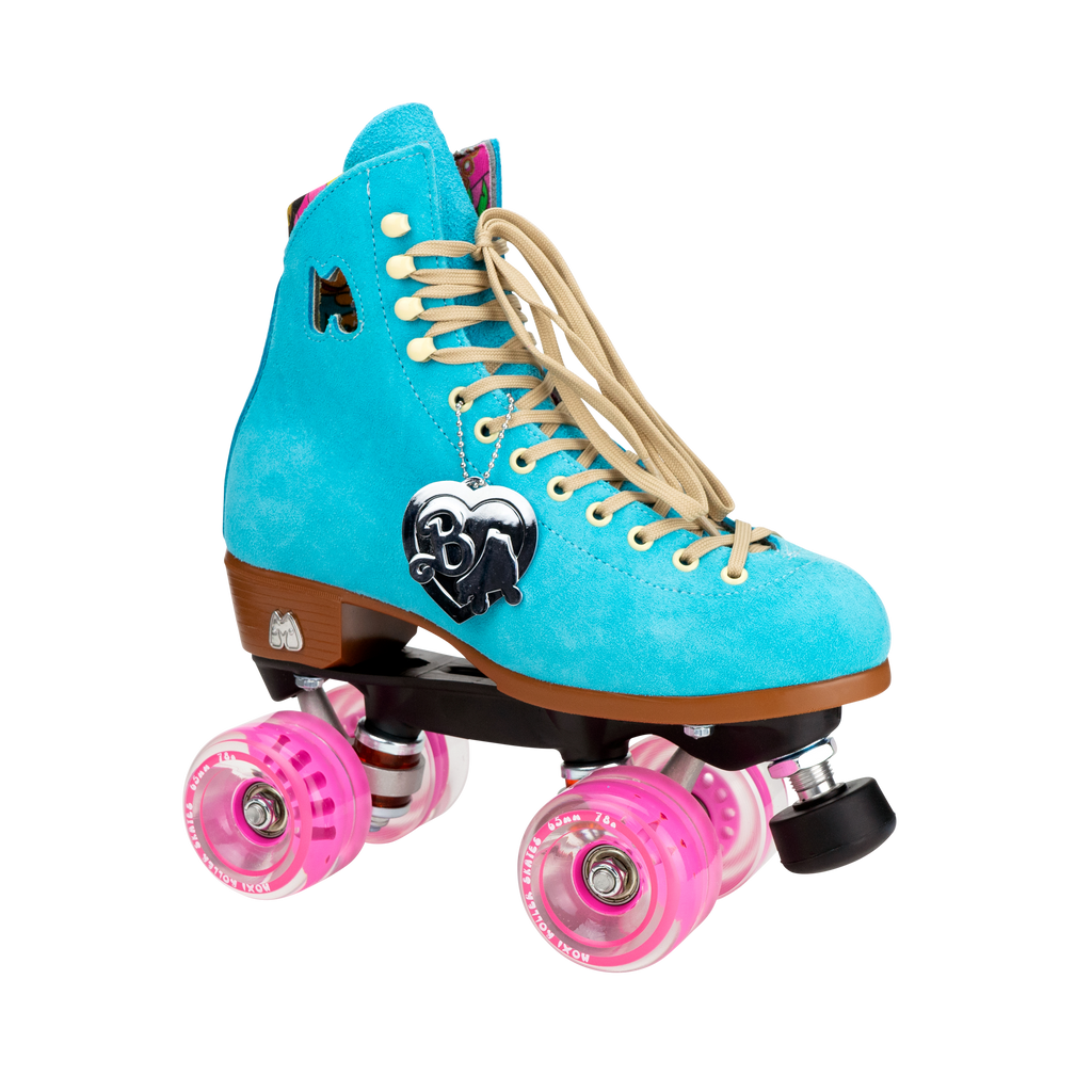 Moxi Lolly Malibu Barbie True Blue suede roller skate with pink outdoor wheels and Barbie charm