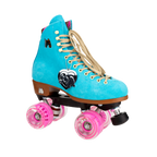 Moxi Lolly Malibu Barbie True Blue suede roller skate with pink outdoor wheels and Barbie charm