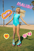 Official Moxi Malibu Barbie campaign photo showing True Blue roller skates with pink wheels