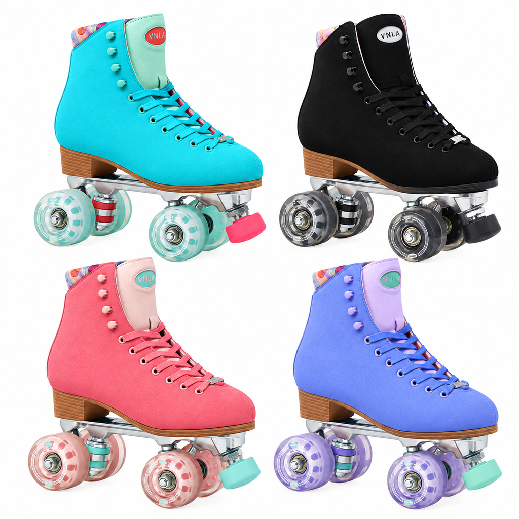 VNLA Parfait roller skates in aqua, black, pink and purple, showing complete boots, plates and wheels