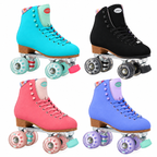 VNLA Parfait roller skates in aqua, black, pink and purple, showing complete boots, plates and wheels