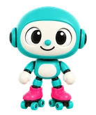 Rollo, a turquoise robot on pink roller skates